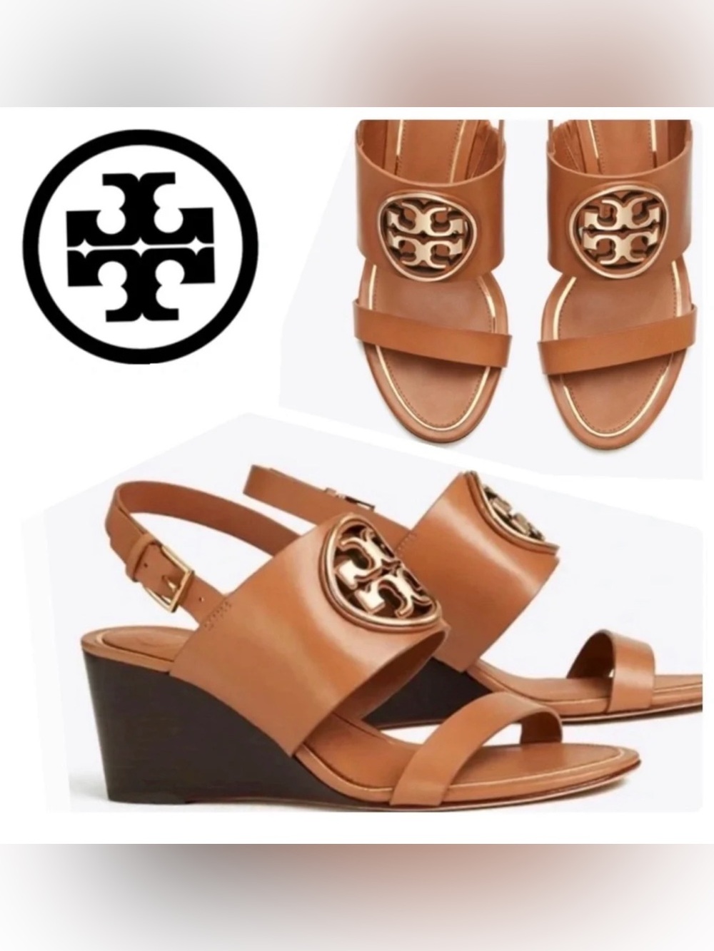 Tory Burch Cognac Leather Logo Wedge Sandals